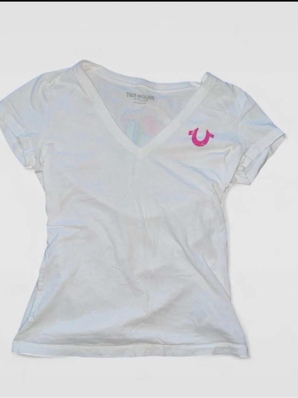 True Religion White V-Neck Tee with Faint Pink Accent